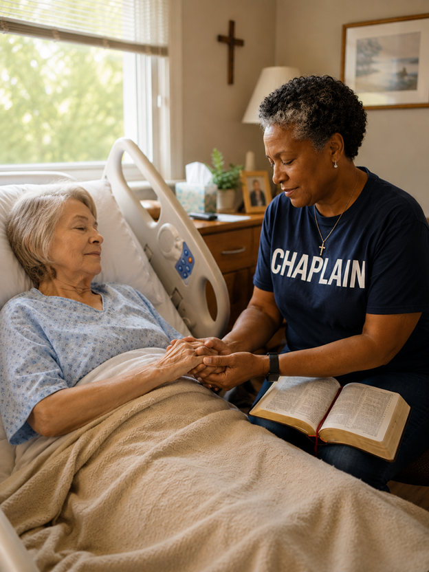 Chaplain praying with a patient for Clinical Pastoral Education